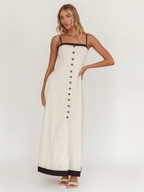 Indikah Sailing Away Linen Blend Button Front Maxi Dress Oat Small